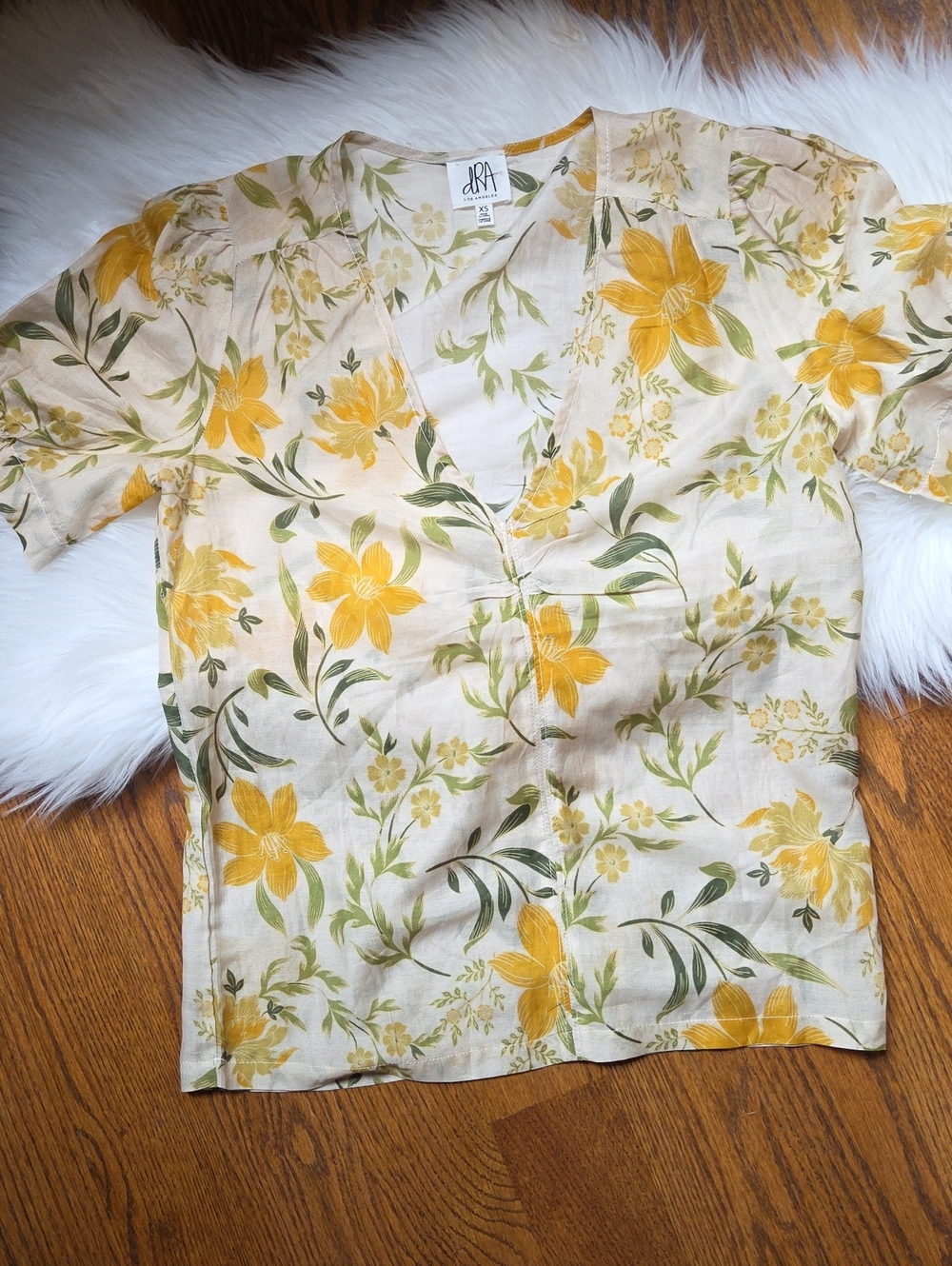 Ya Los Angeles Cream Floral V-Neck Top with Yellow Flowers